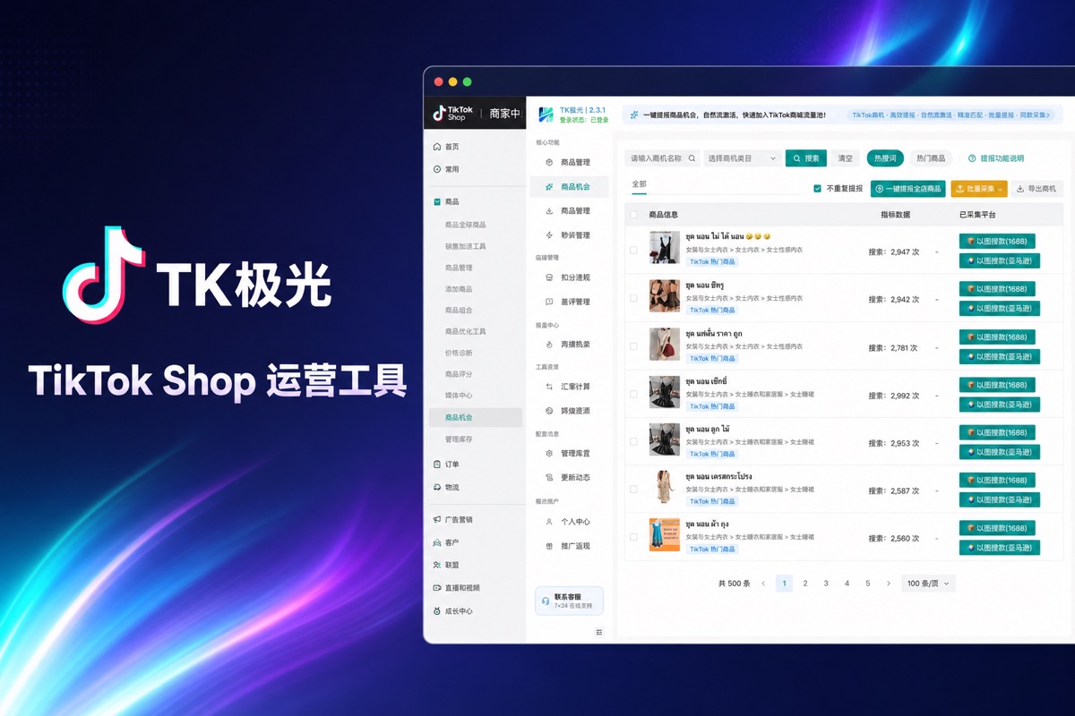TikTok Shop AI运营工具 - TK极光 TikTok Shop 运营工具界面